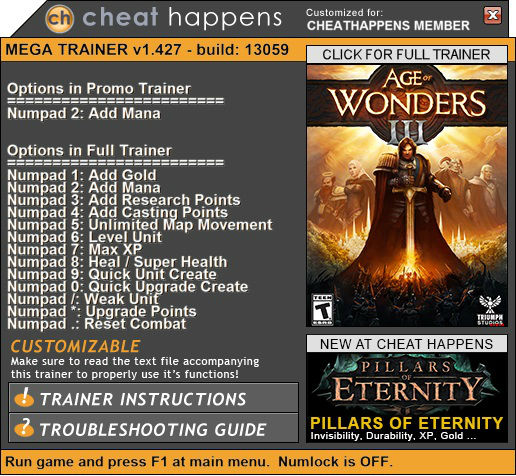 Трейнер +1 для версии 1.427 Build 13059 (Golden Realms) от CH