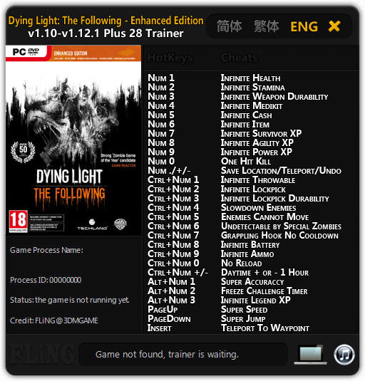 Трейнер +28 для Dying Light: The Following - Enhanced Edition для версий 1.10.0 - 1.12.1 от FLiNG