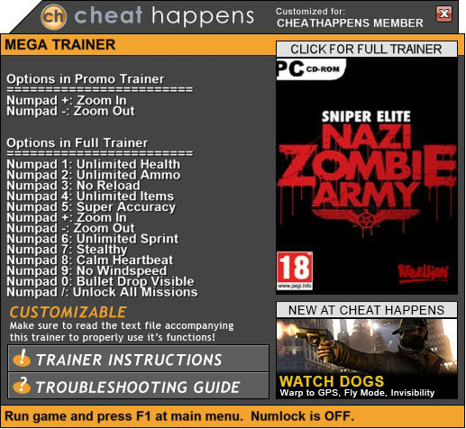 Трейнер +1 для версии 1.0 (Steam) от Cheat Happens