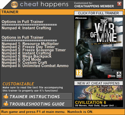Трейнер +8 для версии 3.0.3 от Cheat Happens