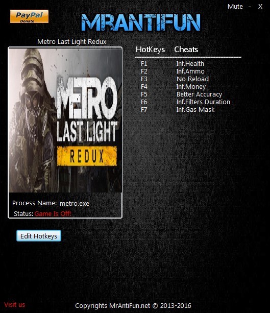 Трейнер +7 для Metro Last Light: Redux версии 1.0.0.3 от MrAntiFun