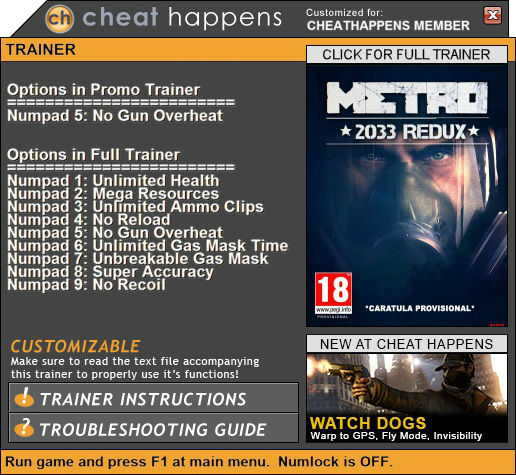 Трейнер +1 для версии 1.0 (Metro 2033 + Metro: Last Light) от Cheat Happens