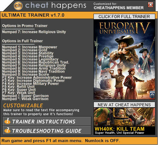 Трейнер +1 для версии 1.7.0 от Cheat Happens