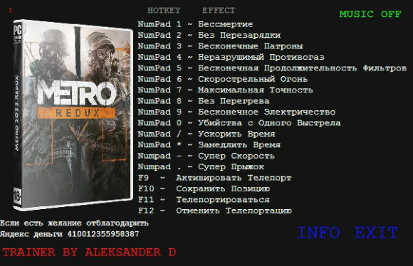 Трейнер +15 для версии 1.0 (Metro 2033) от Aleksander D