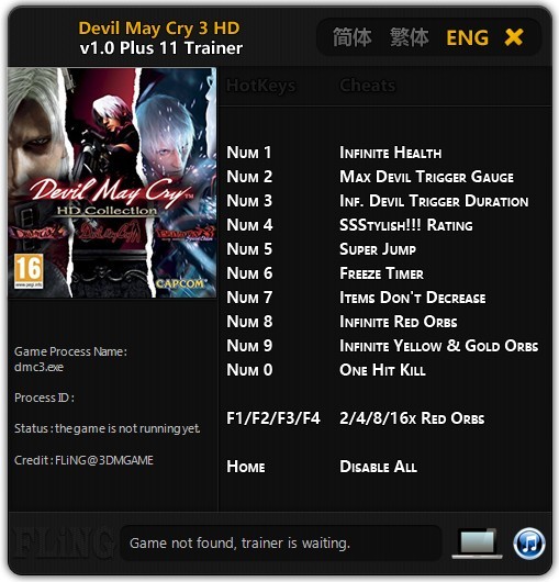 Трейнер +11 для Devil May Cry 3 HD версии 1.0 от FLiNG