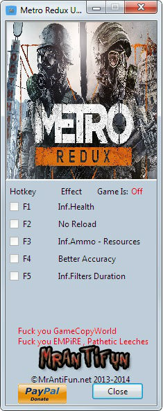 Трейнер +6 для версии Update 1 (Metro 2033) от MrAntiFun
