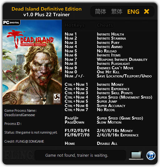 Трейнер +22 к Dead Island: Definitive Edition для версии 1.0 от FLiNG