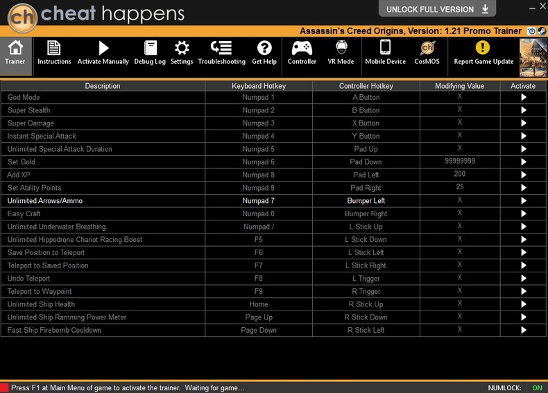 Трейнер +17 для версии 1.21 (PATCH 01.30.2018) от CheatHappens.com