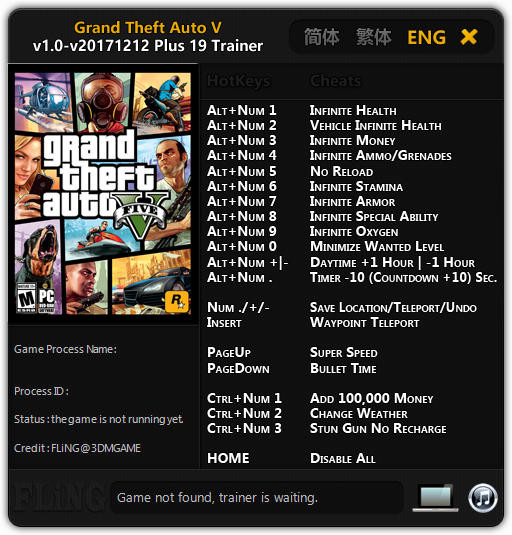 Трейнер +19 GTA V для версии 1.0 - 2017.12.12 от FLiNG
