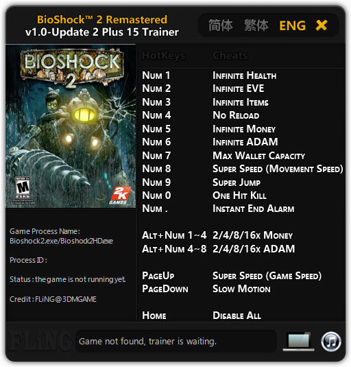 Трейнер +15 для BioShock 2 Remastered версии 1.0 - Update 2 от FLiNG