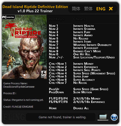 Трейнер +22 к Dead Island: Riptide Definitive Edition для версии 1.0 от FLiNG