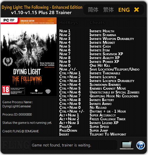 Трейнер +28 для Dying Light: The Following - Enhanced Edition для версий 1.10 - 1.15 от FLiNG
