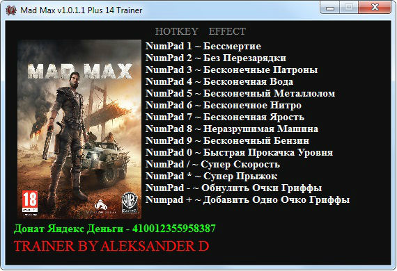 Трейнер +14 для версии 1.0.1.1 от Aleksander D