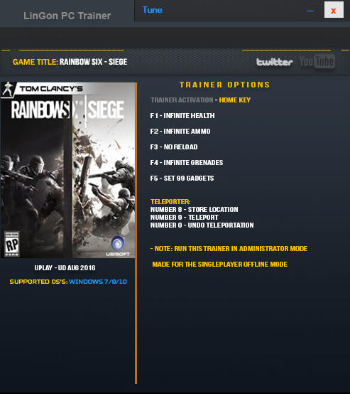 Трейнер +7 для версии Latest UPlay Aug 2016 от LinGon