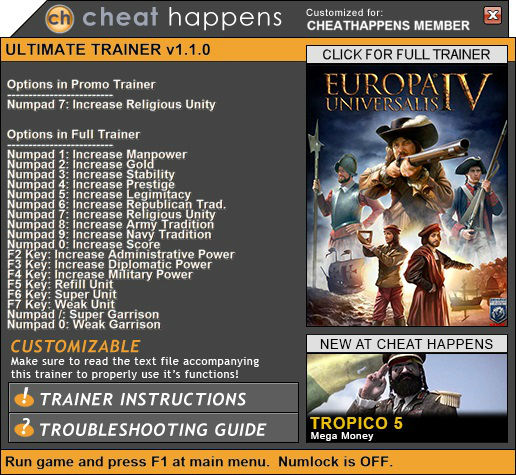 Трейнер +1 для версии 1.0 от Cheat Happens