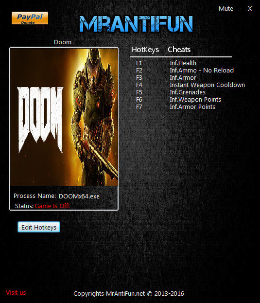 Трейнер +8 для Doom 4 - Vulkan версии 12.08.2016 64bit от MrAntiFun