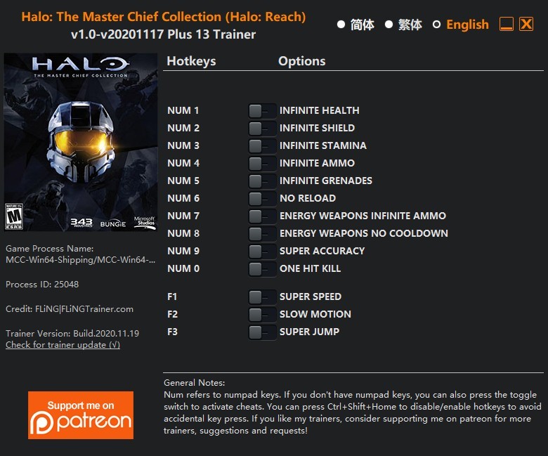 Трейнер +13 для Halo: Reach версии 1.0 (17.11.2020) от FLiNG 