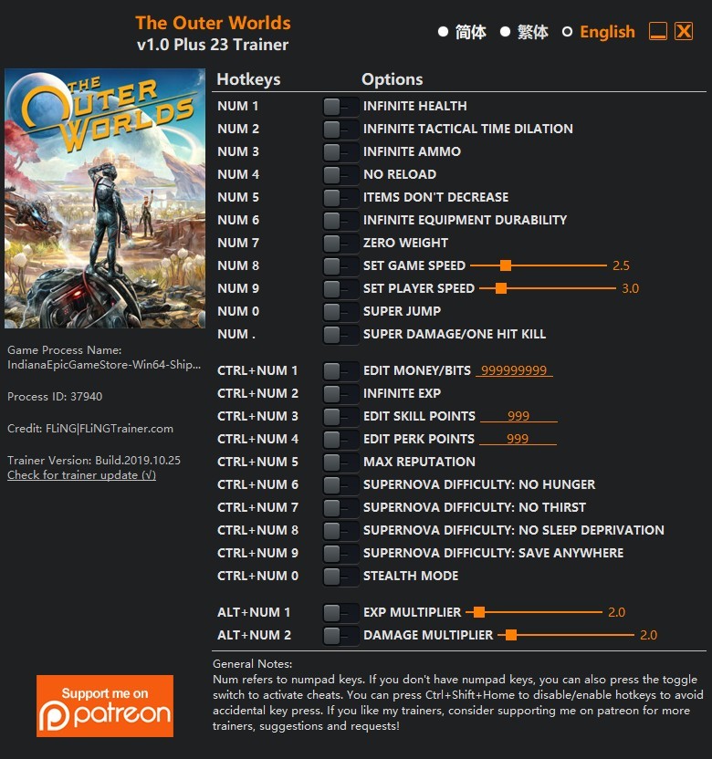 Трейнер +23 для версии 1.0 Epic Game Store / Windows Store от FLiNG