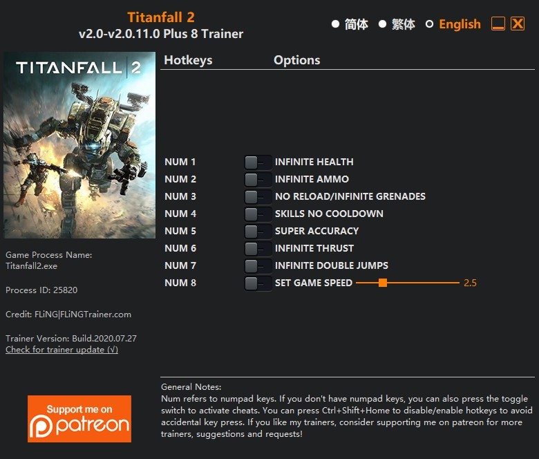 Трейнер +8 для версии 2.0.11.0 от FLiNG