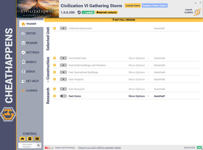 Трейнер+19 для версии 1.0.0.290 Gathering Storm от CheatHappens.com